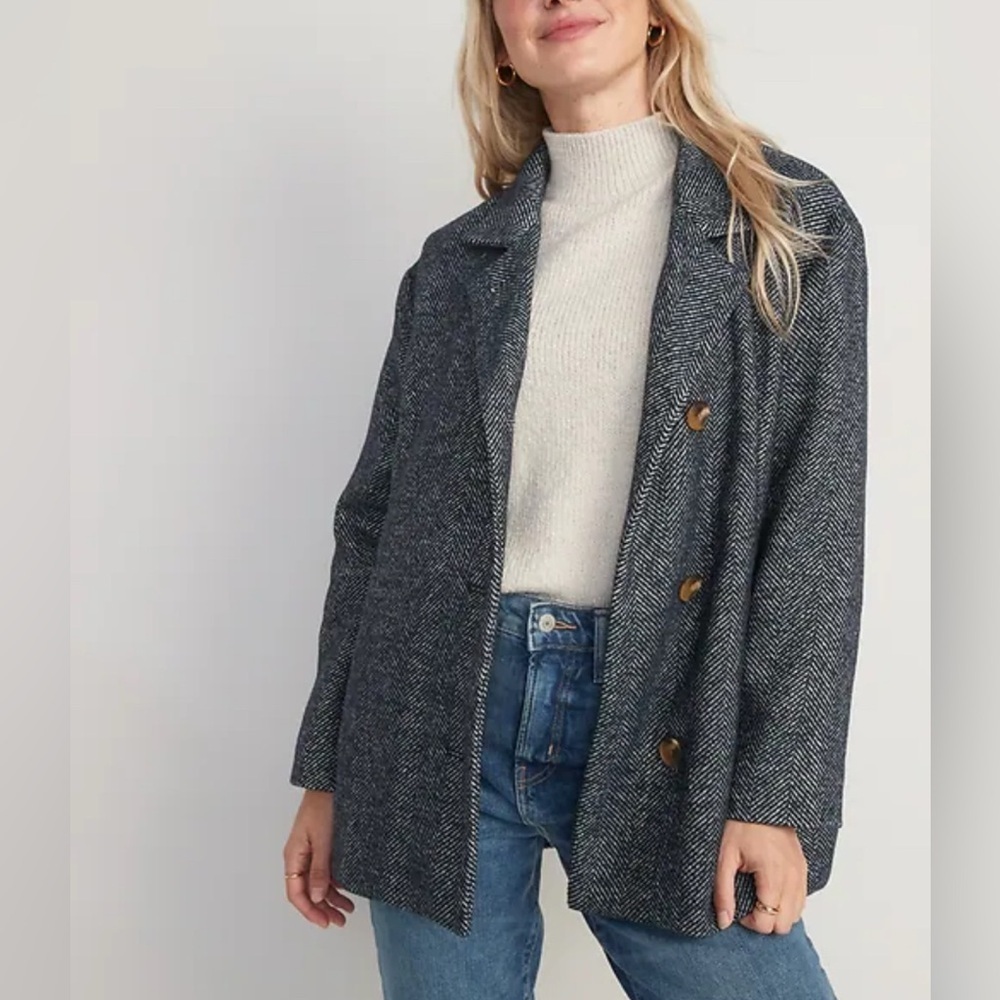 Womens Coat trench Soft-Brushed blazer button navy blue pockets size L.